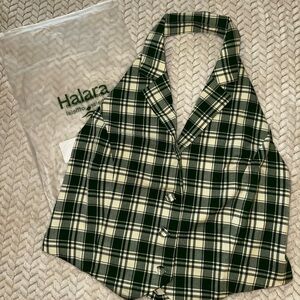Halara Green & Cream Plaid Button Halter top Large